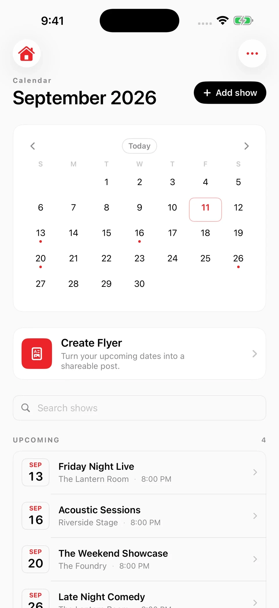 My Gig Calendar native iPhone app with scheduled shows