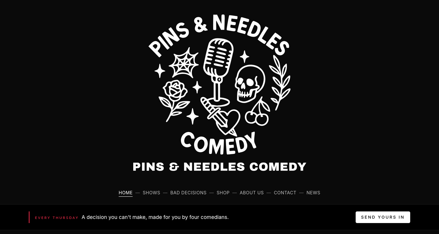 Pins & Needles Comedy public website with show branding and navigation